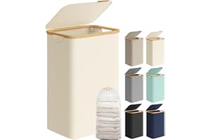 SONGMICS Laundry Hamper with Lid, Large Laundry Basket, 23.8 Gallons (90L), Removable Mesh Liner, Bamboo Handles, Collapsible, 16.5 x 12.6 x 27.8 Inches, Cream White ULCB509W01