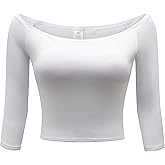 OThread & Co. Women's Off Shoulder 3/4 Sleeve Crop Top Comfy Basic Stretch Layer Shirt