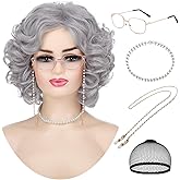 Wallden Hair Old Lady Gray Wigs for Women Short Grey Curly Grandma Wig for 100th Days of School Cosplay Costume Halloween Party Synthetic Granny Wigs (5pcs Set)