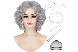 Wallden Hair Old Lady Gray Wigs for Women Short Grey Curly Grandma Wig for 100th Days of School Cosplay Costume Halloween Party Synthetic Granny Wigs (5pcs Set)