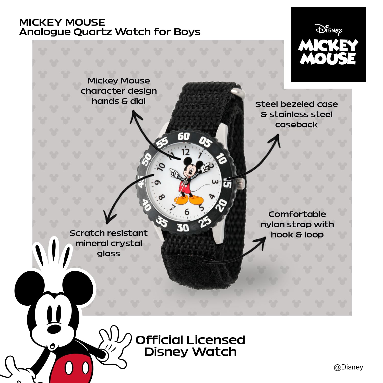 Disney Disney Mickey Mouse Kids' Bezel Stainless Steel Time Teacher Analog Nylon Strap Watch