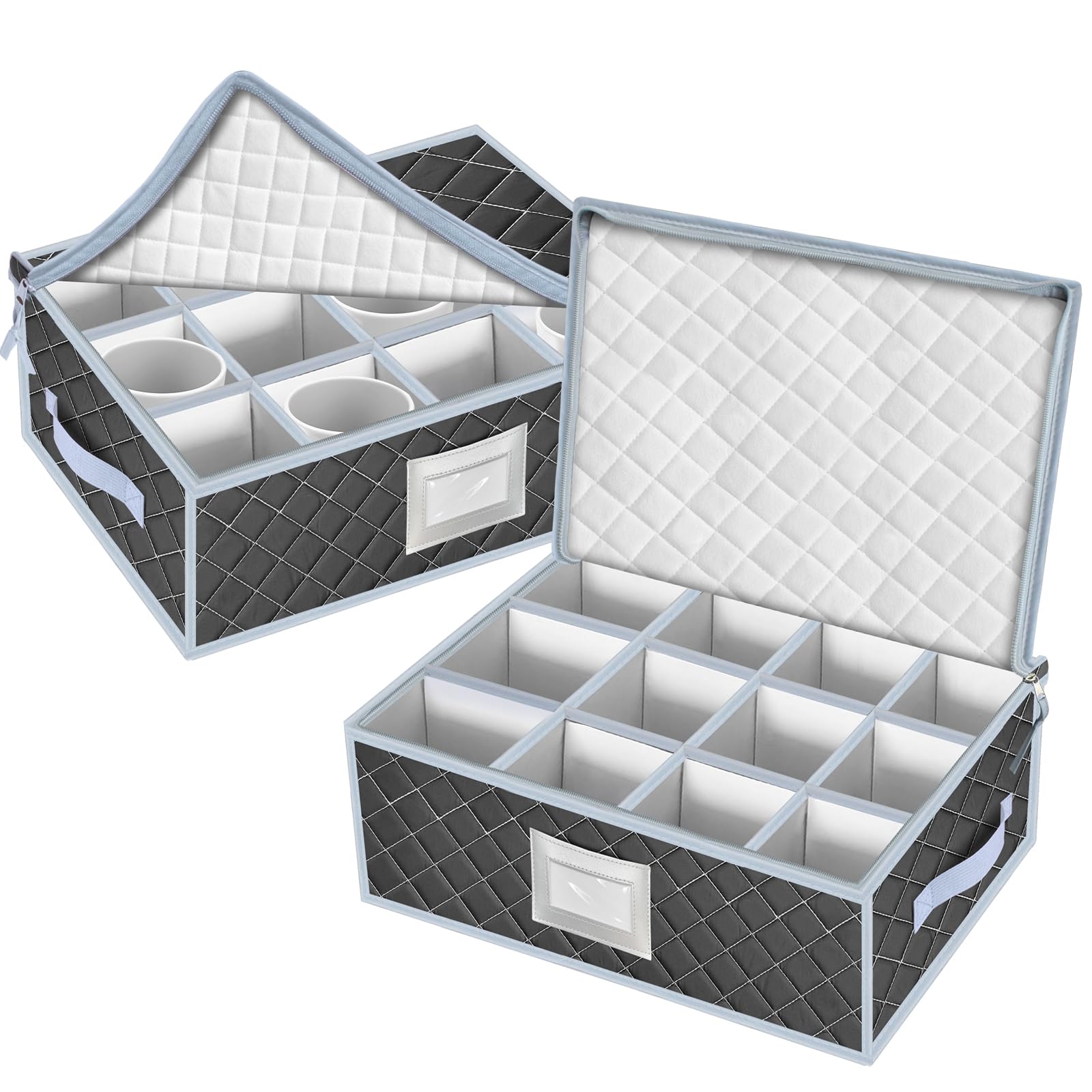 VERONLY Mug and Cup Storage Box with Dividers - 2 Pack China Storage Bin Containers Holds 24 Glassware, Stackable Coffee Mug Organizer Bin and Tea Cup with 2 Metal Zipper,Label and Handles (Grey)