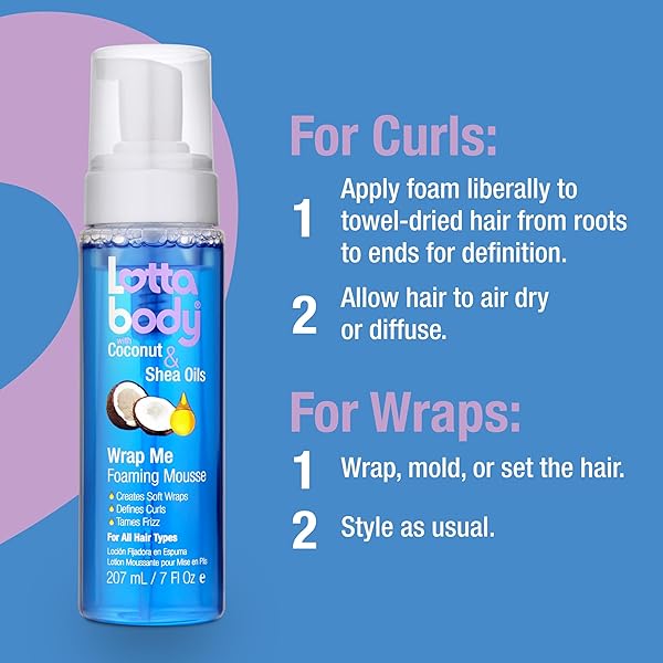 LOTTABODY WRAP ME FOAMING MOUSSE WITH COCONUT & SHEA OILS, LIGHTWEIGHT MOISTURE-RICH CURL-DEFINING & FRIZZ-CONTROL STYLING MOUSSE FOR NATURAL CURLY, COILY & RELAXED HAIR, 7 OZ