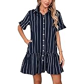 YEXPINE Women's Cotton Linen Ruffle Mini Dress Short Sleeve Button Down Drop Waist Tunic Shirt Dress
