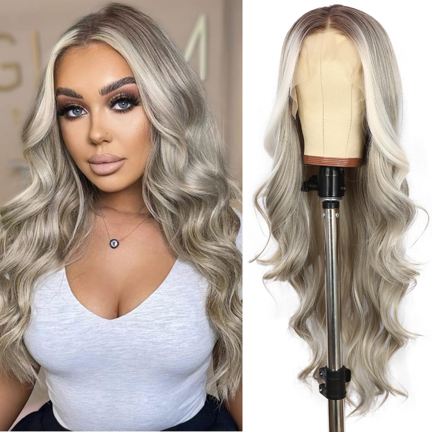 SOMIARIK Grey Highlight Blonde Lace Front Wig, 13x4 Transparent Lace Front Synthetic Body Wave Wigs for Women Pre Plucked with Baby Hair 150% Density Heat Resistant Party Date Daily Wear 26 Inch
