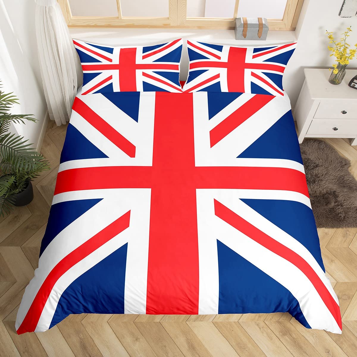 Catalonia Union Jack Bedding Set UK Flag Duvet Cover British Flag Comforter Gift for British Comforter Cover Red and Blue Geometric Stripes Super King Size With 2 Pillow Case