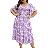 Keluummi Plus Size Wedding Guest Midi Dress for Curvy Women, Summer Casual Boho Floral Empire Waist Party Dress with Pockets
