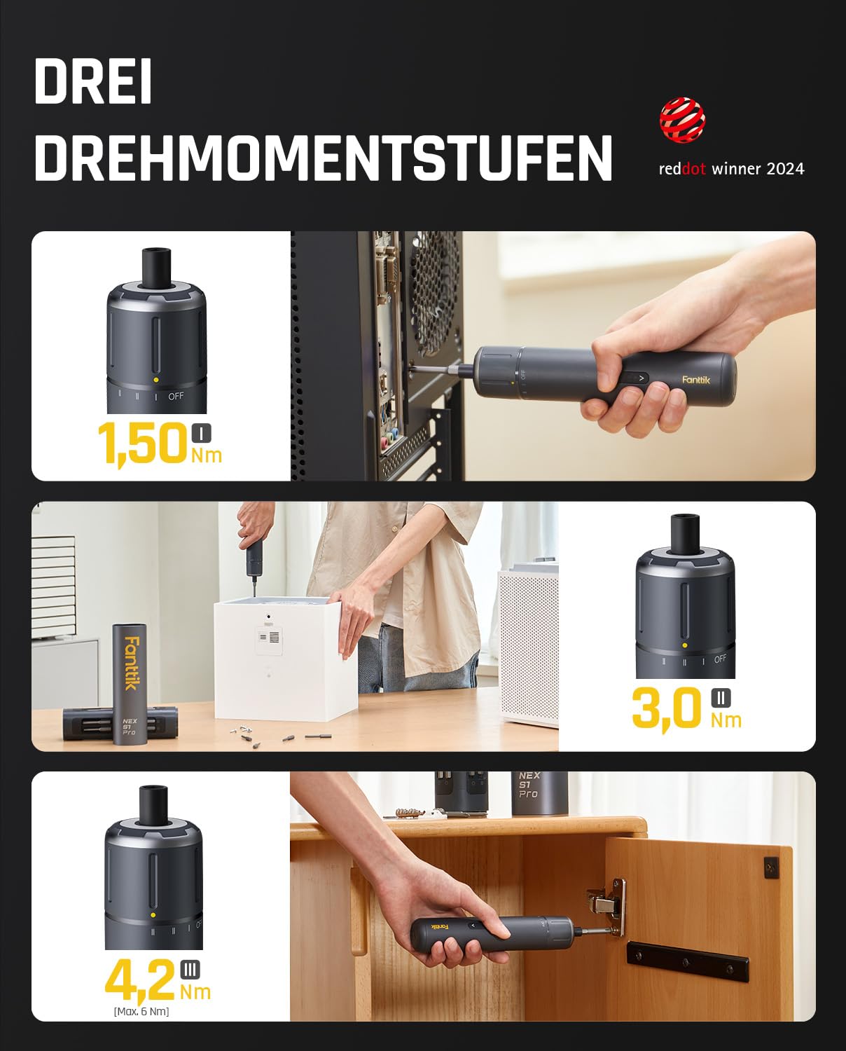 Fanttik S1 Pro 3.7V Magnetische Electric Screwdriver, Leistungsstarkes-Schraubendreher-Set mit 16 Bits, Einstellbare 3 Drehmomente bis zu 6 Nm, 2000-mAh-Akku, Geeignet für die Möbel/Computerreparatur 3