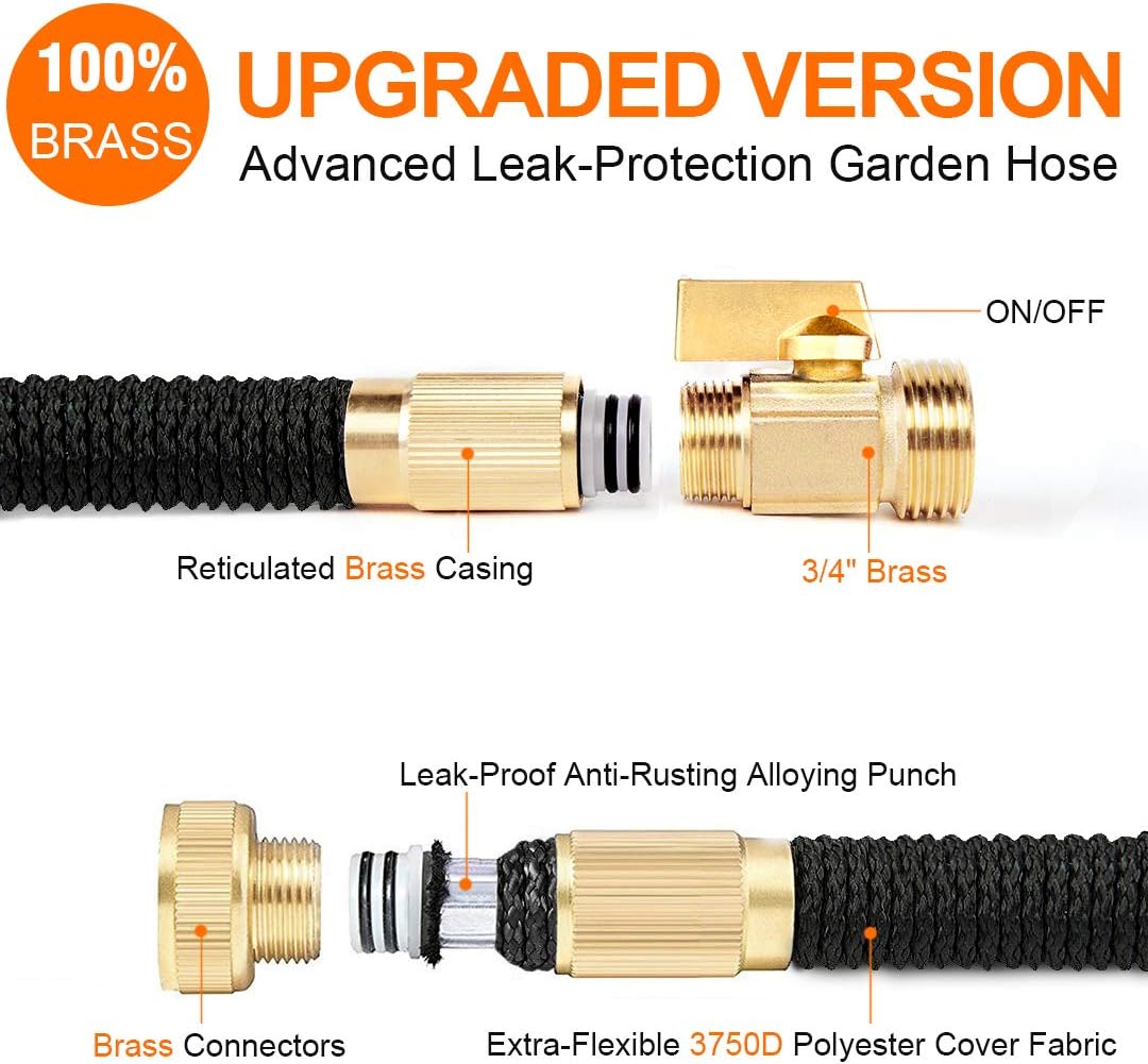 FIVKLEMNZ 100ft Garden Hose, Expandable Leakproof, Durable Lightweight, Flexible Expanding, Double Latex Core, 3/4 Solid Brass Fittings, Extra Strength Fabric, 8 Function Spray Nozzle Water Hose: Home Improvement