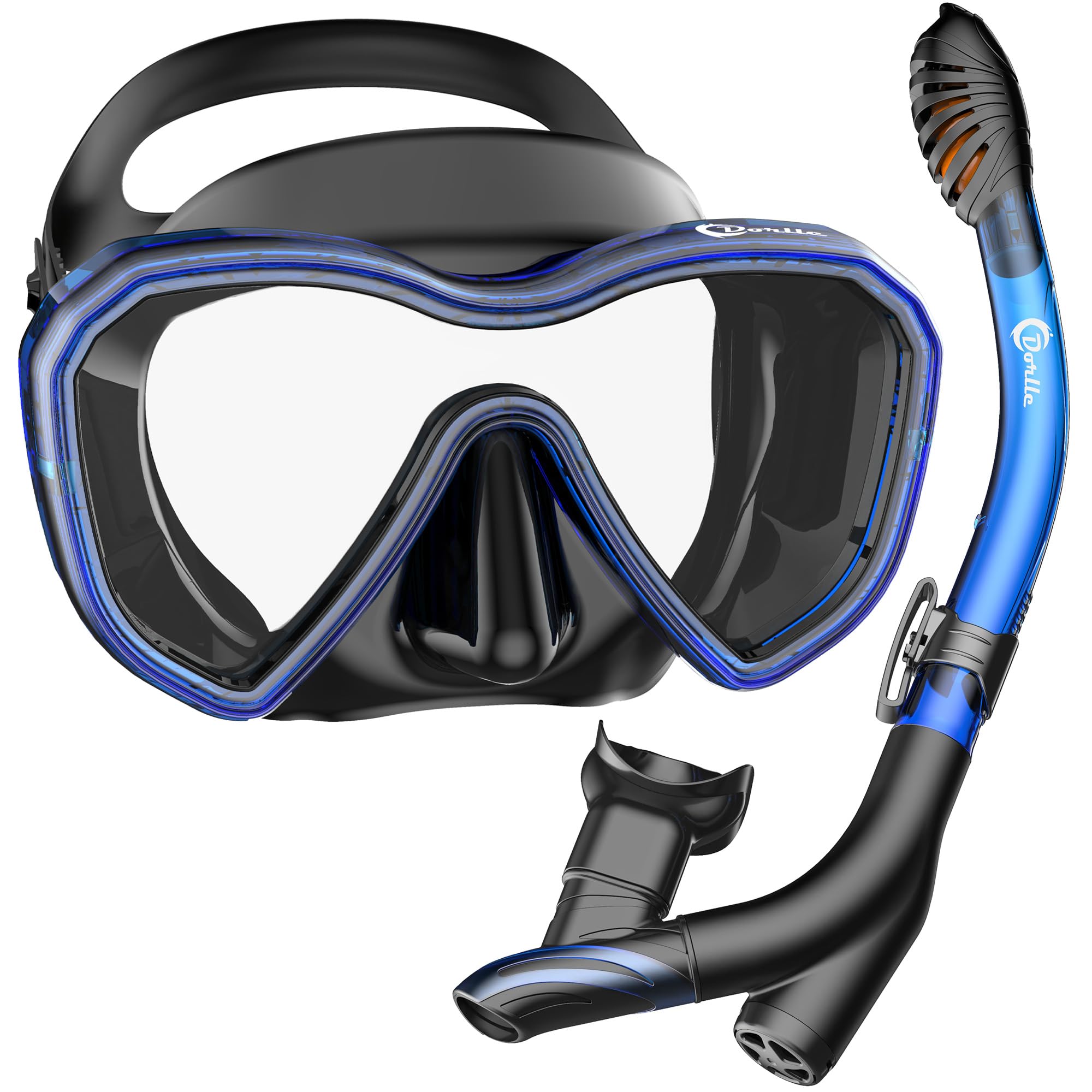 Dorlle Snorkel Set, Improved Panorama Snorkel Mask, Waterproof Diving Mask, Anti-Fog, Anti-Leak, Tempered Glass, with 3-Channel Premium Dry Snorkel for Adults
