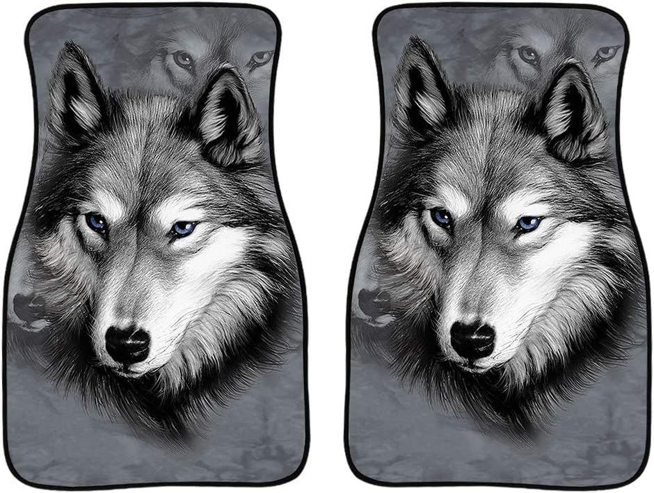 doginthehole 2 Piece Wolf Pattern Gray Premium Quality Carpet Tropical Palm Leaves Vehicle Mat with Non Slip Rubber Backing Universal Fit for Cars Trucks SUV Vans