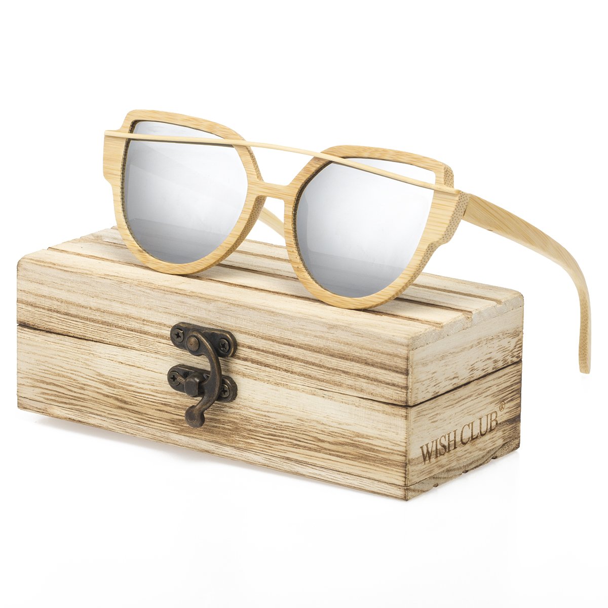 WISH CLUB Women Bamboo Wood Polarized Sunglasses Classic Cat Eye Floating Lightweight UV400 Glasses(Silver)