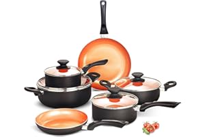 FRUITEAM 10pcs Cookware Set Ceramic Nonstick Soup Pot, Milk Pot and Frying Pans Set, Copper Aluminum Pan with Lid, Induction Gas Compatible, 1 Year Warranty Mothers Day Gifts for Wife…
