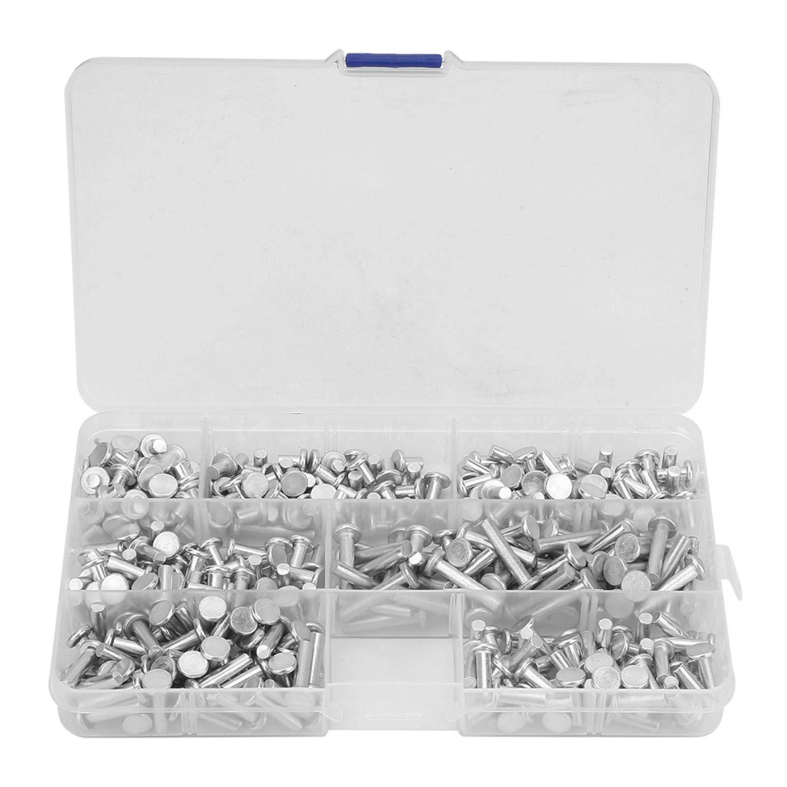 Solid Rivets, 350Pcs Aluminum Flat Head M4 4mm 6mm 8mm 10mm 12mm 16mm 20mm Solid Rivets Assortment Kit, with Plastic Box