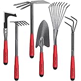 FLORA GUARD Garden Tools Set, 6-Piece Heavy Duty Gardening Hand Tools with Soft Rubber Handle, Includes Trowel, Rake, 2-in-1 Hoe & Crack Weeder, Durable Yard Tools, Essentials Garden Gift Men Women