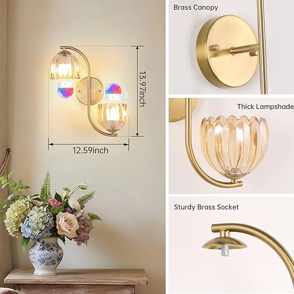 SHENMOYL BATTERY OPERATED WALL SCONCE, 2-LIGHTS VINATGE BRASS WALL LIGHTING UP AND DOWN WITH AMBER TULIP SHADE FOR LIVING ROOM, BEDROOM