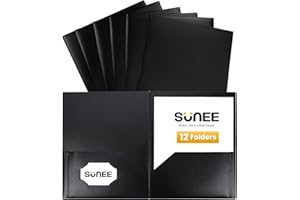 SUNEE 2 Pocket Folders (12 Pack, Black) Heavy-Duty Plastic Folders with Pockets, Fit 8.5x11 Letter Size Paper, 2-Pocket File Folders for Kids, Home, School, Office