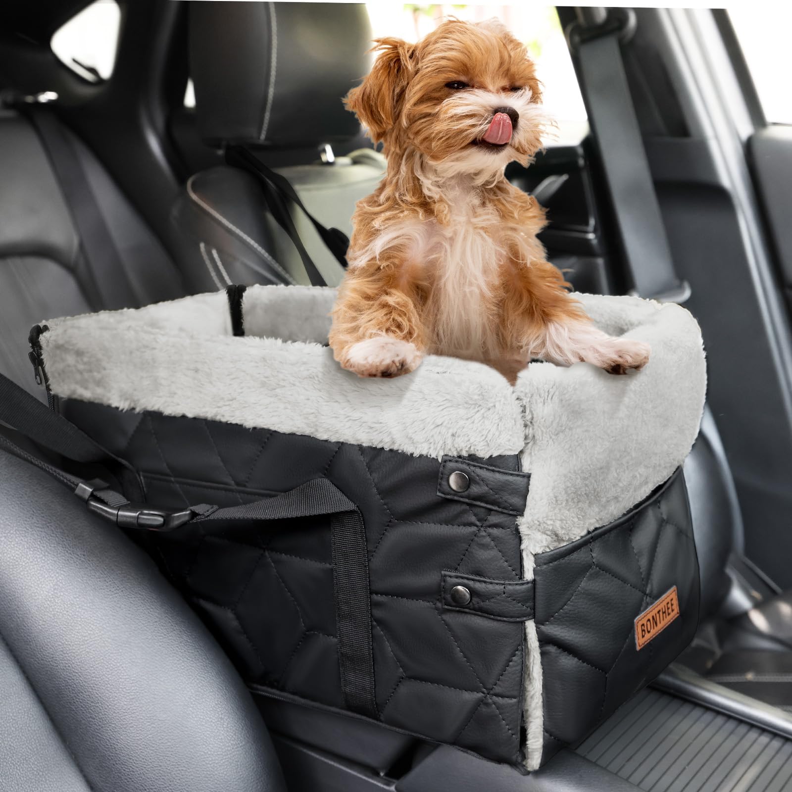 Photo 1 of Center Console Dog Car Seat for Small Dogs,PU Leather Small Dog Car Booster Seat,Washable Foldable with Safe Protection Hooks Adjustable Straps and Storage Pocket Pet Up to 15lbs-Black