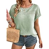 Dokotoo Womens Summer Tops 2026 Crewneck Short Sleeve Hollow Out T-Shirts Casual Loose Solid Color Blouses Shirts