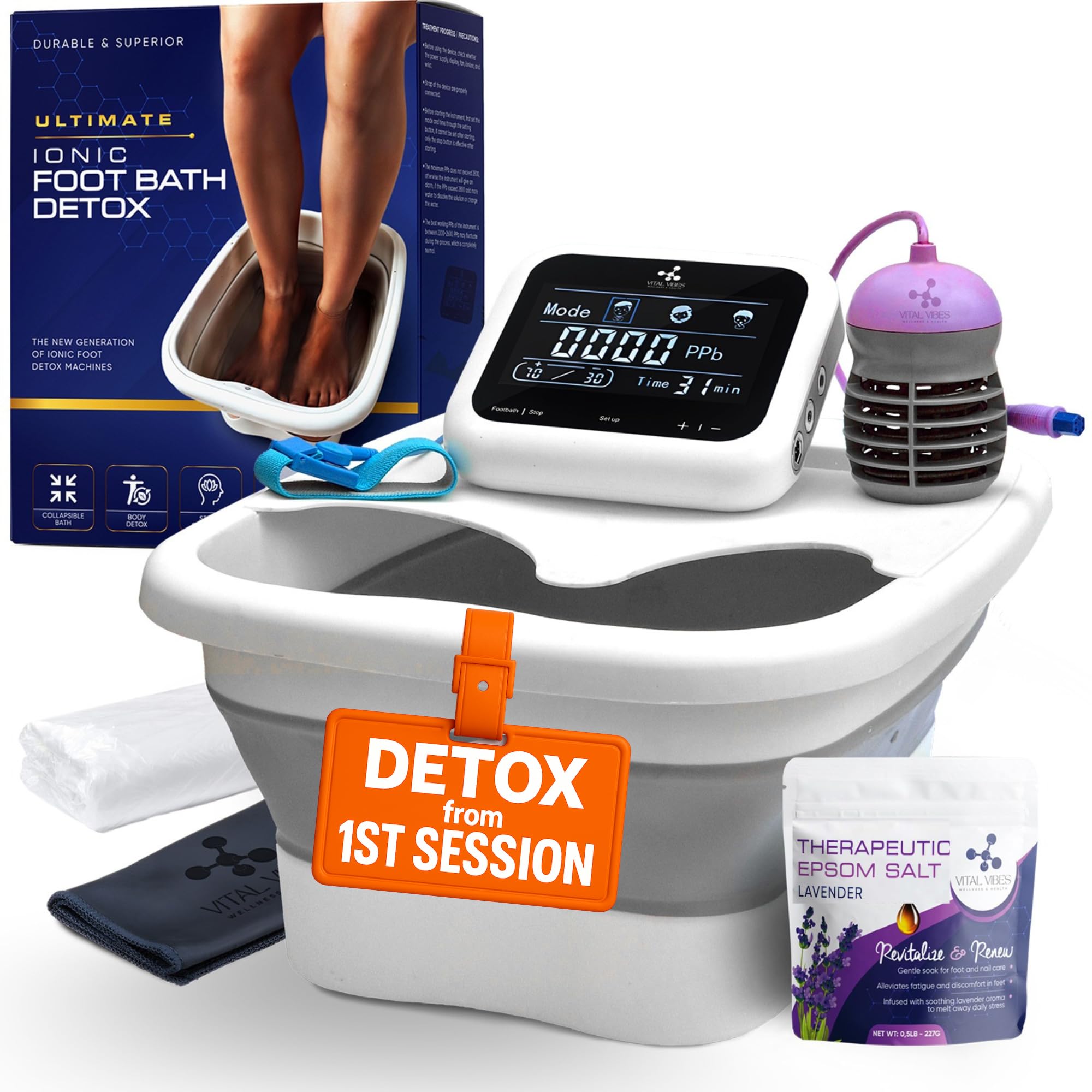 Photo 1 of Vital Vibes Ultimate Ionic Foot Bath Detox Machine - Foot Detox Machine for Spa Bath with Touch Display - Epsom Salt & Towel - Collapsible Soaking tub -Powerful Array- Ion Wristband-Tub Liners
