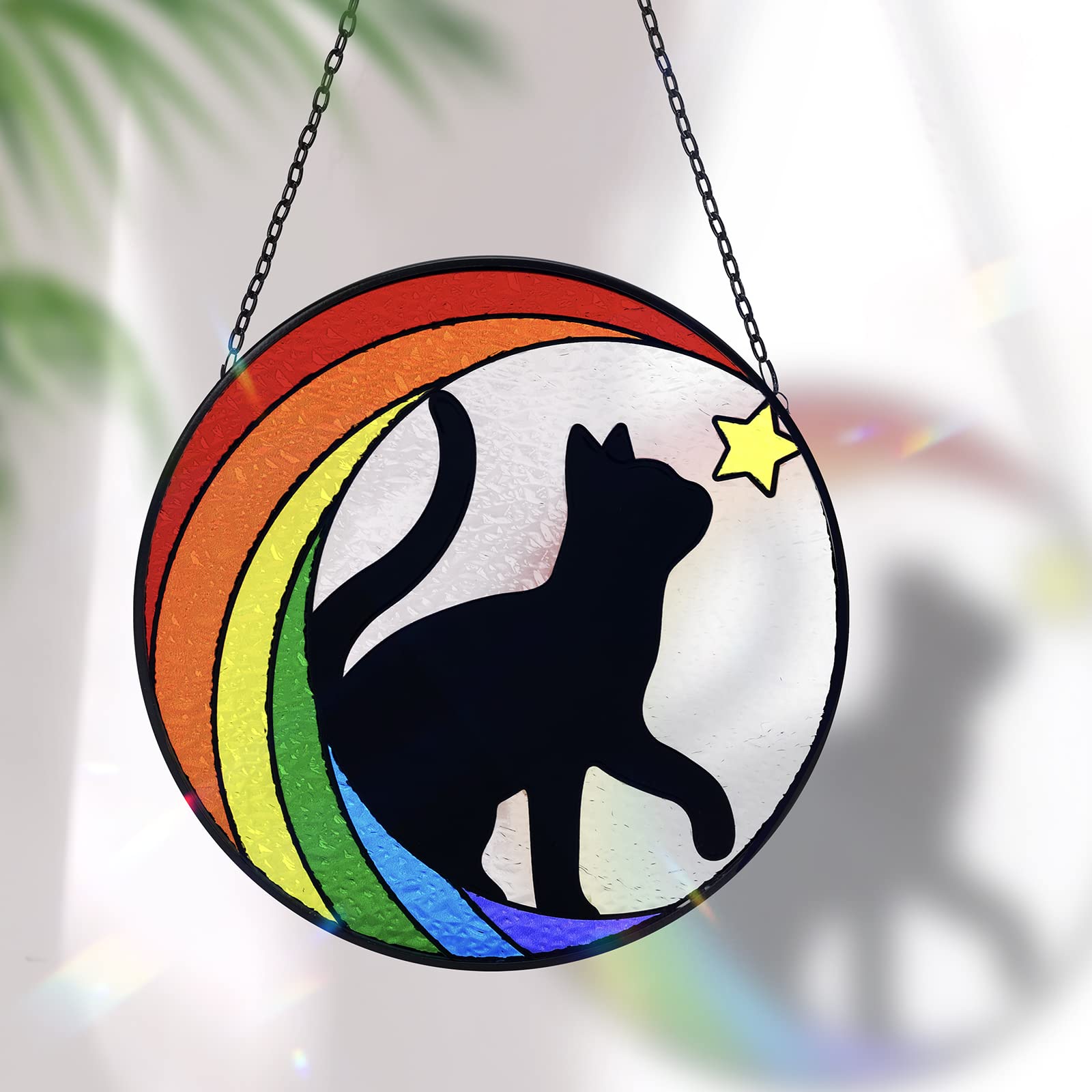 Huray Rayho Cat Memorial Gift Stained Glass Window Hanging Rainbow Bridges Sun Catcher for Kitty Lover Pet Loss Present Double Side Glass Panel Decor
