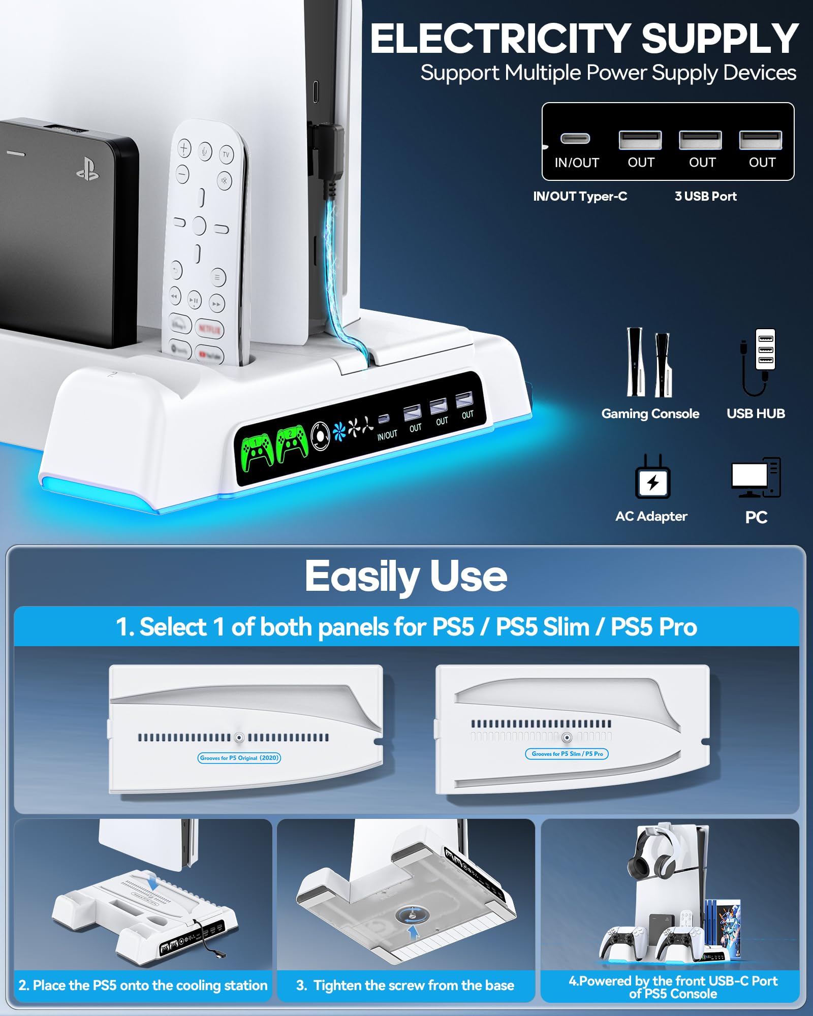 PS5/ Slim/Pro Stand for Disc & Digital Console, PS5 Cooling Station with Dual Controller Charging Station for PlayStation 5 Console, 3-Level Fan PS 5 Controller Charger Accessories Stand-White