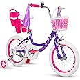 WEIZE Girls Bike for 3-7 Years Old Kids, 14 16 Inch Kids Bike with Training Wheels, Streamers, Basket and Doll Seat, Children Bicycles with Coaster Brake, Multiple Colors