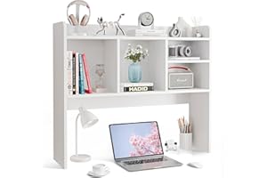SUPER DEAL Desktop Bookshelf, Countertop Storage Hutch with 4 Shelves for Computer Desk, 2-Tier Display Rack, Multipurpose Wood Desk Hutch Storage Organizer for Home Office Dorm, White