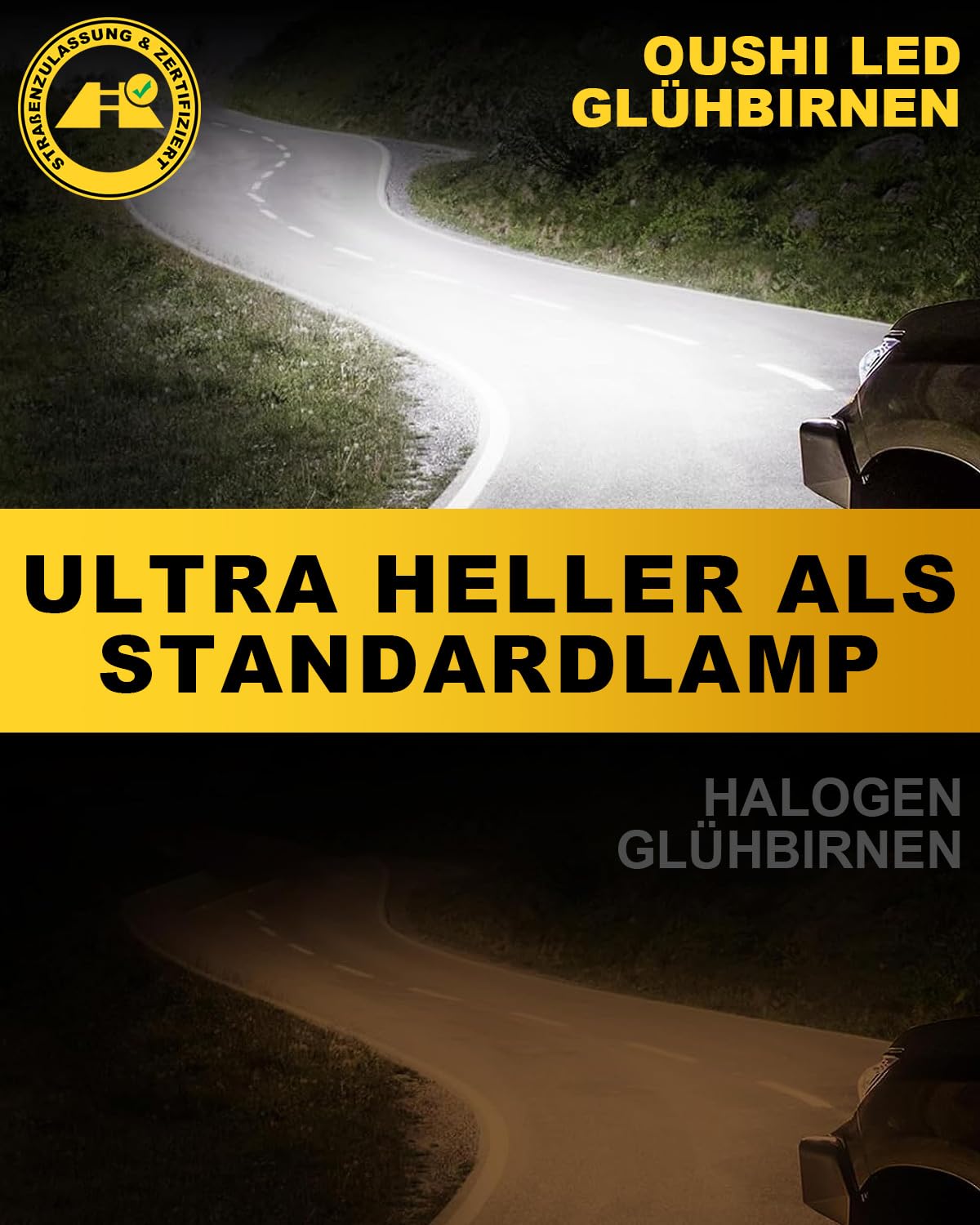 OUSHI H11 LED Scheinwerferlampe mit Straßenzulassung, 5500K Weiß UNECE-R37 Zugelassene H9 H8 LED Fernlicht und Abblendlicht mit Zulassung (2 Stück) 5