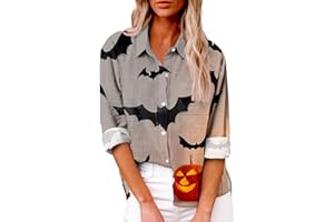 EKVAHL Halloween Button Down Shirts for Women Funny Pumpkin Bat Witch V Neck Long Sleeve Tops Fall Blouse
