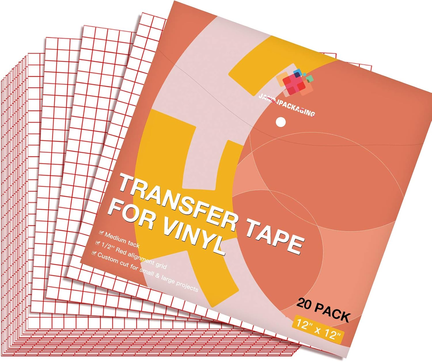 Transfer Tape for Vinyl 20 Pack 12” x 12” w/Red Alignment Grid for Cricut Silhouette Cameo Adhesive Vinyl, Medium Tack Vinyl Transfer Tape for Signs Decals Windows by JANDJPACKAGING: Arts, Crafts & Sewing