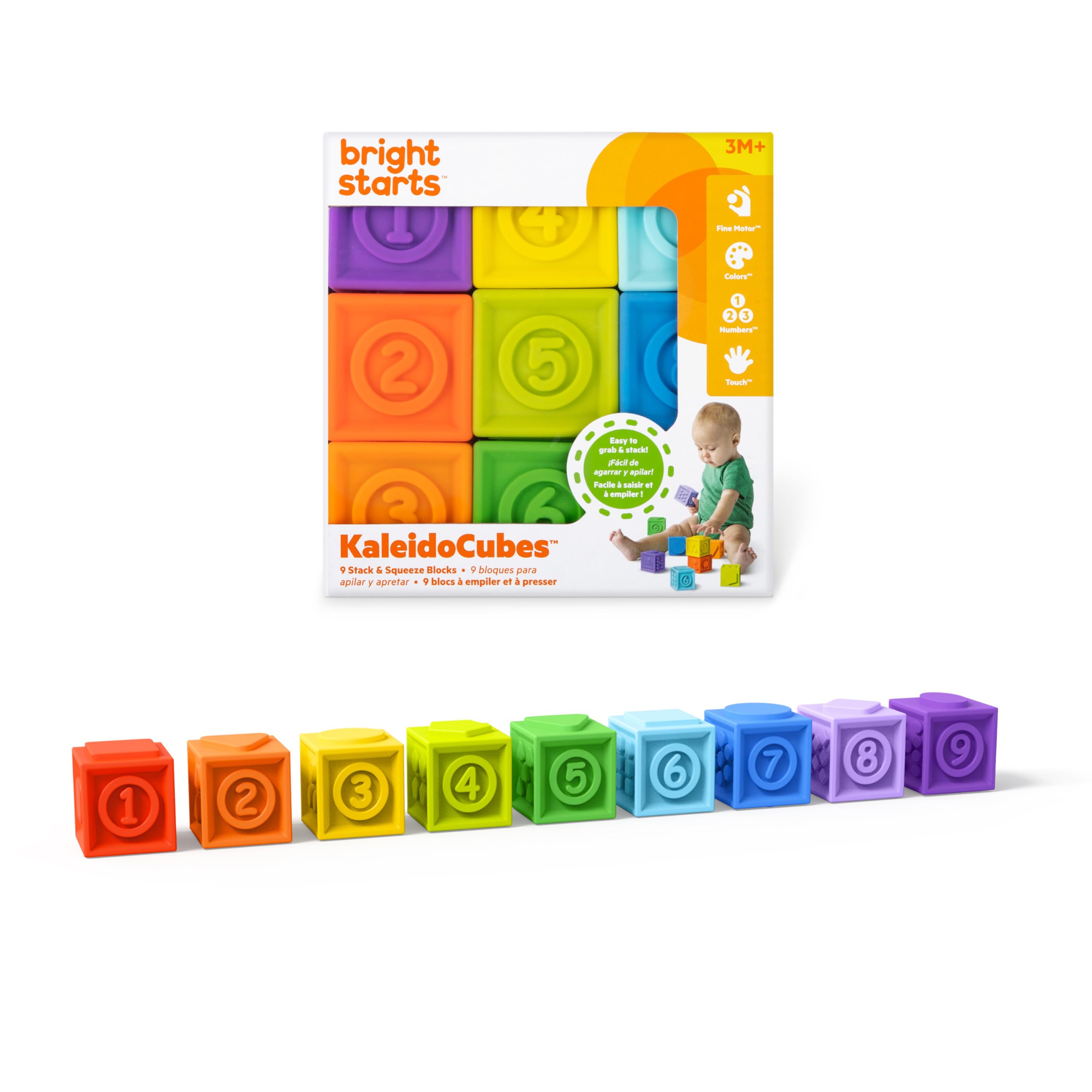 Bright Starts KaledioCubes 9pk Stack & Squeeze Blocks Baby Bath Toys - Play & Learn with Colors, Numbers & Shapes, Ages 3 Months+