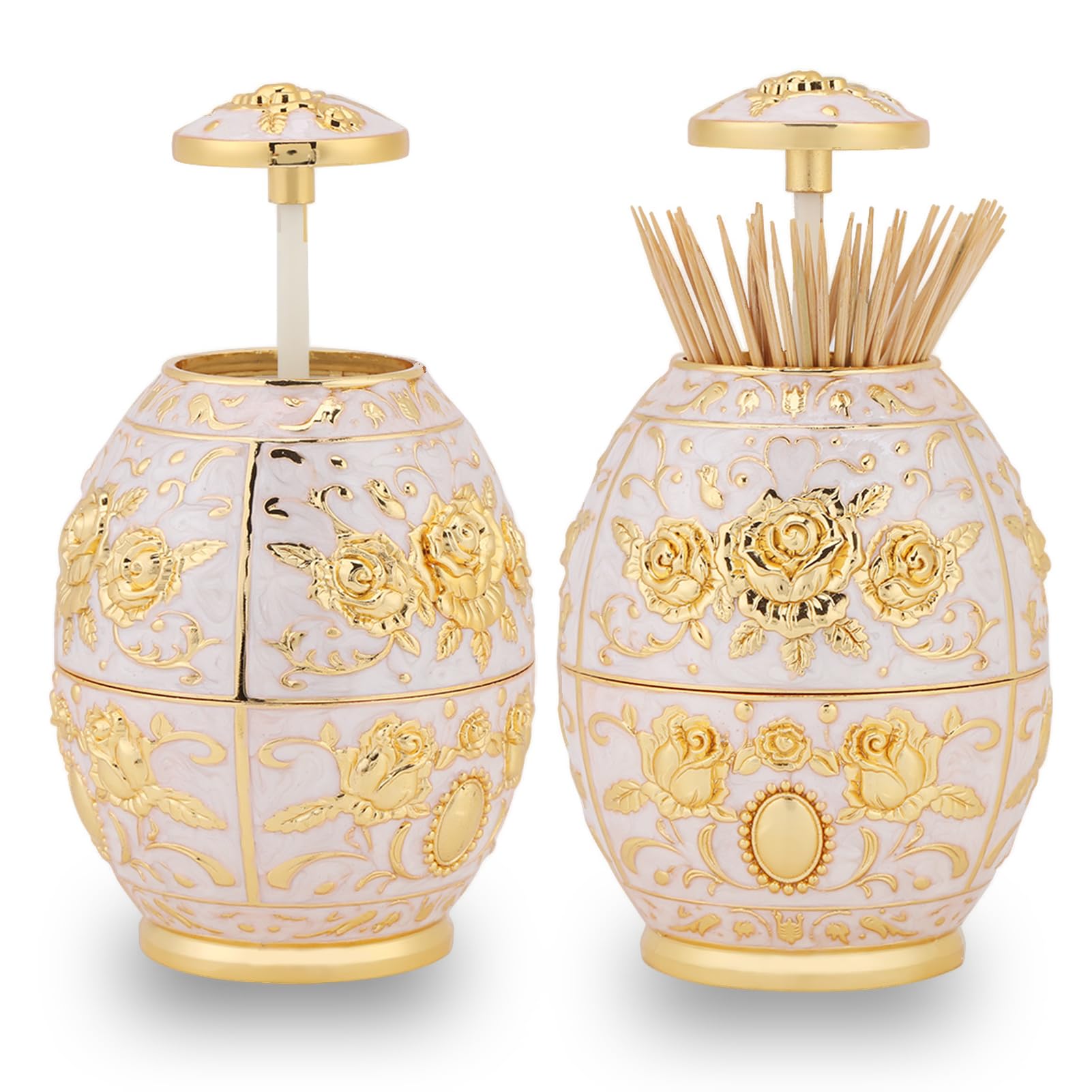 Semme Toothpick Container, Metal Zinc Alloy Automatic Pop-up Toothpick Holder Flower Pattern Hand Press Toothpick Dispenser(Gold)