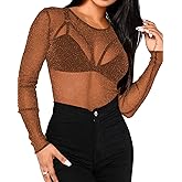 BelleLovin Women's Sheer Mesh Tops Long Sleeve Glitter Sexy Tops See Through Blouses