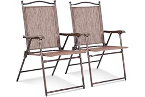 Giantex Set of 2 Patio Folding Chairs, Outdoor Patio Dining Chairs w/Armrest, Sling Back, Metal Frame, Outside Use for Lawn Camping Garden Pool Beach Yard Lounge, No Assembly, Brown