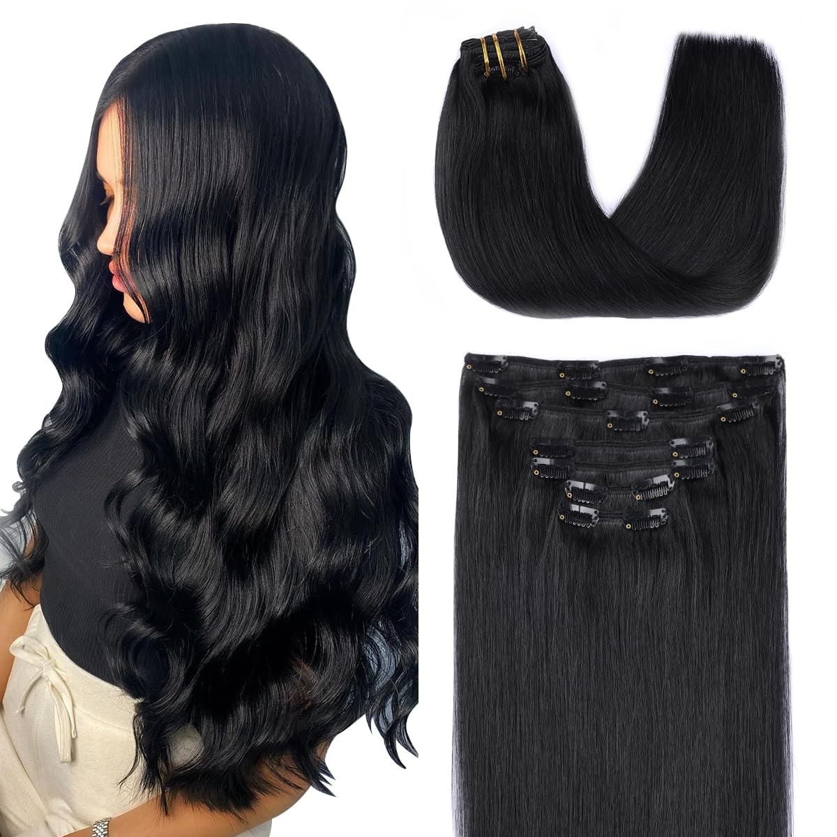 SURNEL Hair Extensions Clip in Human Hair #1 Jet Black 14inch 140g 7Pcs Clip in Hair Extensions Real Human Hair Silky Straight Thick Ends Full Head Set (7C#1-14) — image 1