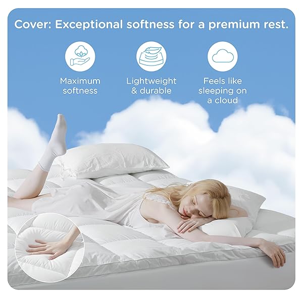 KUB MATTRESS TOPPER&COOLING MATTRESS PROTECTOR BED FITTED SHEET SET, DEEP POCKET&4 ELASTIC BANDS, TRIPLE ANTI-SLIP, BACK PAIN RELIEF, BREATHABLE SOFT 2 INCH MATTRESS PAD COVER (WHITE, TWIN)