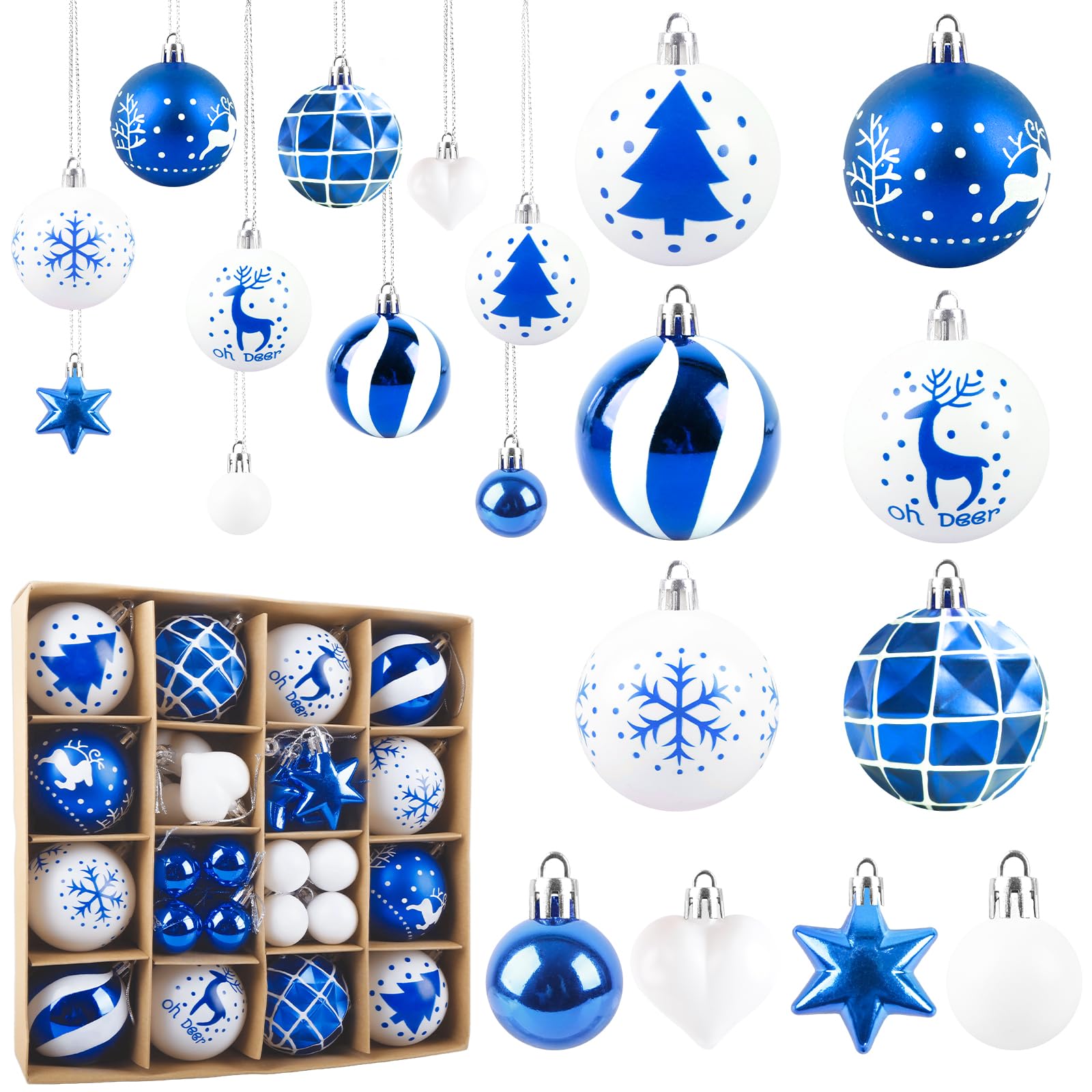 Aitsite 38 Pcs Christmas Baubles, White and Blue Shatterproof Xmas Baubles Christmas Tree Decorations Large Balls Ornaments Hanging Decorations for Xmas Holiday Party Home
