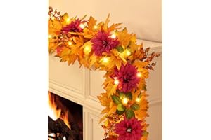 YASTOUAY Fall Garland -Fall Decor 5.9 FT Fall Leaves Garland with Lights, Artificial Autumn Dahlia Flower Maple Leaf Garland, Fall Decorations for Home Front Door Fireplace Mantel Thanksgiving Decor