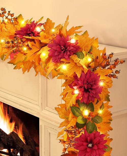 Fall Garland for Mantle, 5.9 FT Fall Garland with Lights Artificial Dahlia Flowers Maple Leaves Berries, Fall Decorations for Home Front Door Fireplace Mantel Thanksgiving Decor