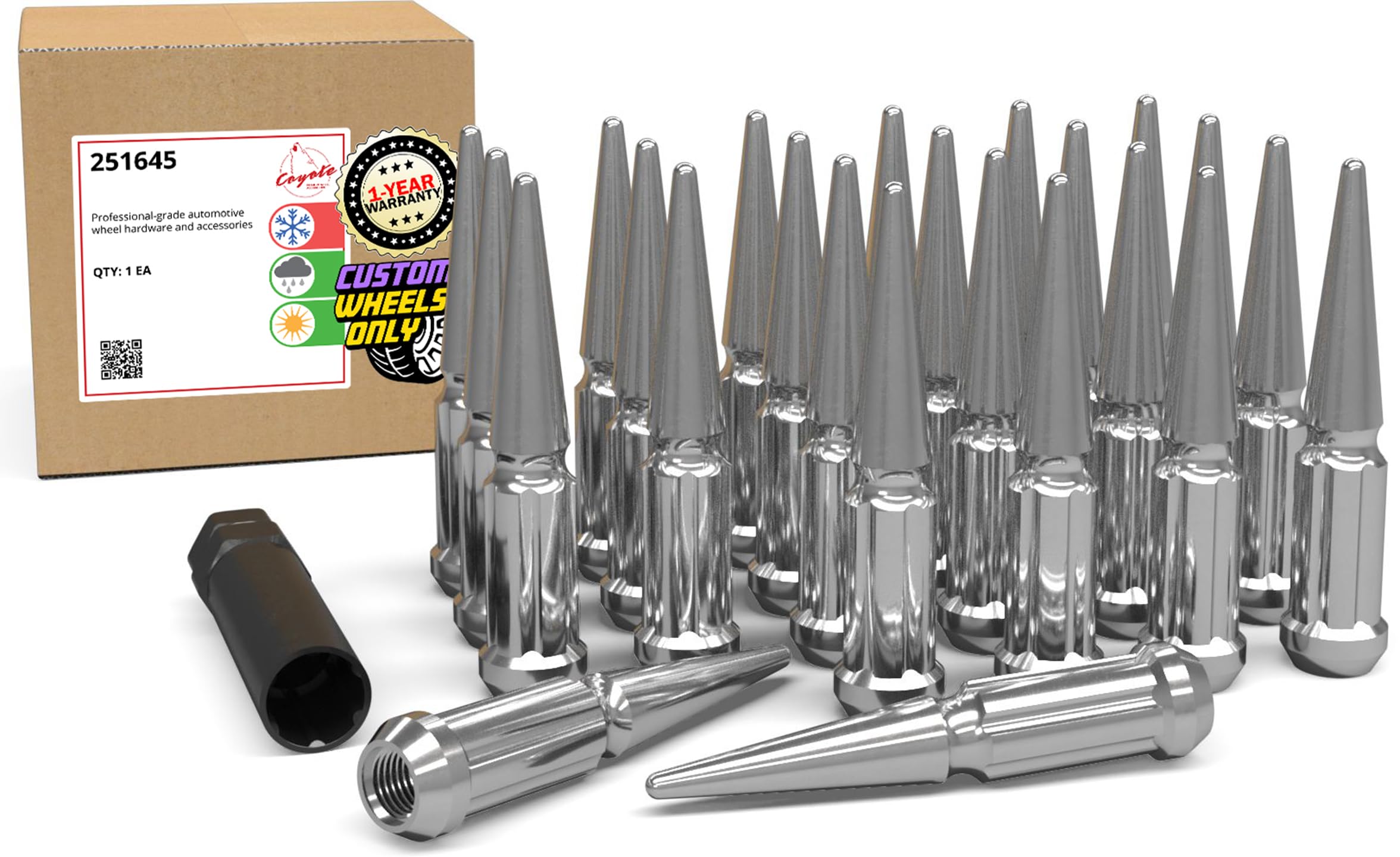 thumbnail interactive-video image 1 of 24pc GMC 1500 Chrome Spike Spline Lug Nuts – 14mm X 1.50 With Socket Key – AP-5654C-SPIKE 1 of 4