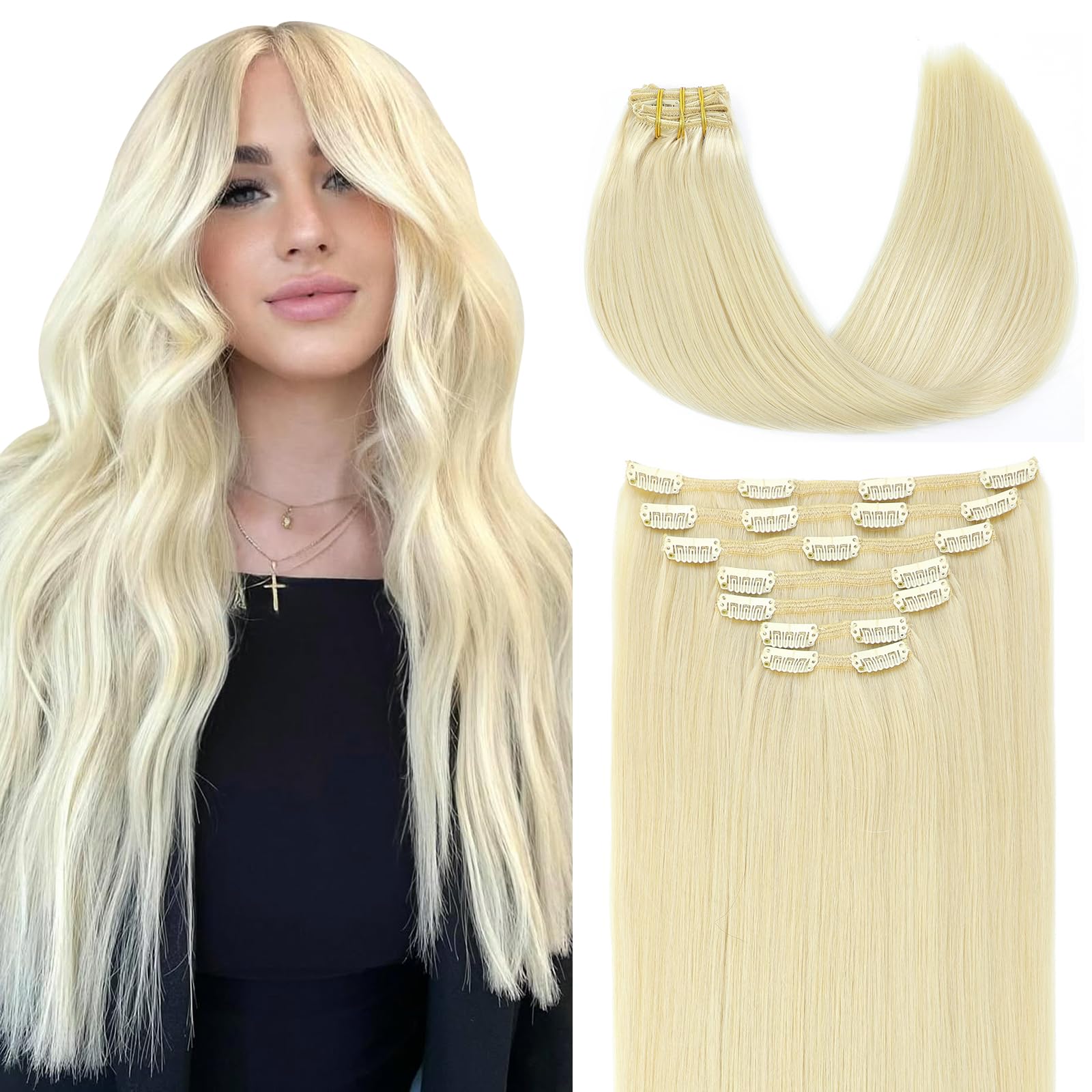 VINBAO Thick Clip in Hair Extensions Real Human Hair 22inch 160g Platinum Blonde Hair Extensions Clip in Soft Silky Straight for Fashion Women Brown Hair Clip in Extensions 7pcs (#7C60, 22'')