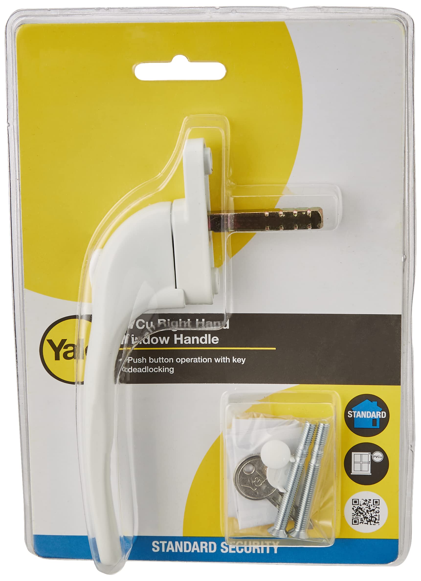 Yale P-YWHLCK40R-WH Offset Window Handle, fits Right Handed windows, 40mm spindle, Lockable, Visi Packed, suitable for PVCu windows, White Finish