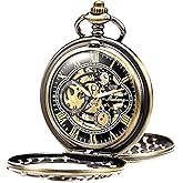 TREEWETO Mens Mechanical Pocket Watch Dream Dragon Skeleton Half Hunter Double Open Silver/Bronze/Black Case for Man