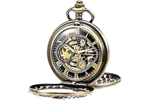 TREEWETO Mens Mechanical Pocket Watch Dream Dragon Skeleton Half Hunter Double Open Silver/Bronze/Black Case for Man