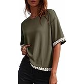 Dokotoo Womens Tops Casual Summer Crewneck Short Sleeve Color Block Loose Oversized Basic Tee