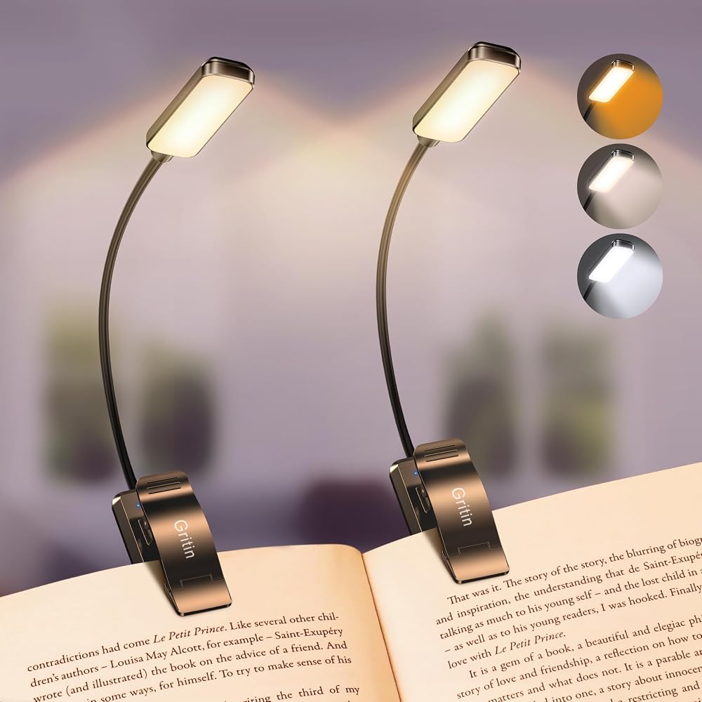 Gritin 9 LED Clip On Book Light 2 Pack Eye-Protecting Dimmable USB-C