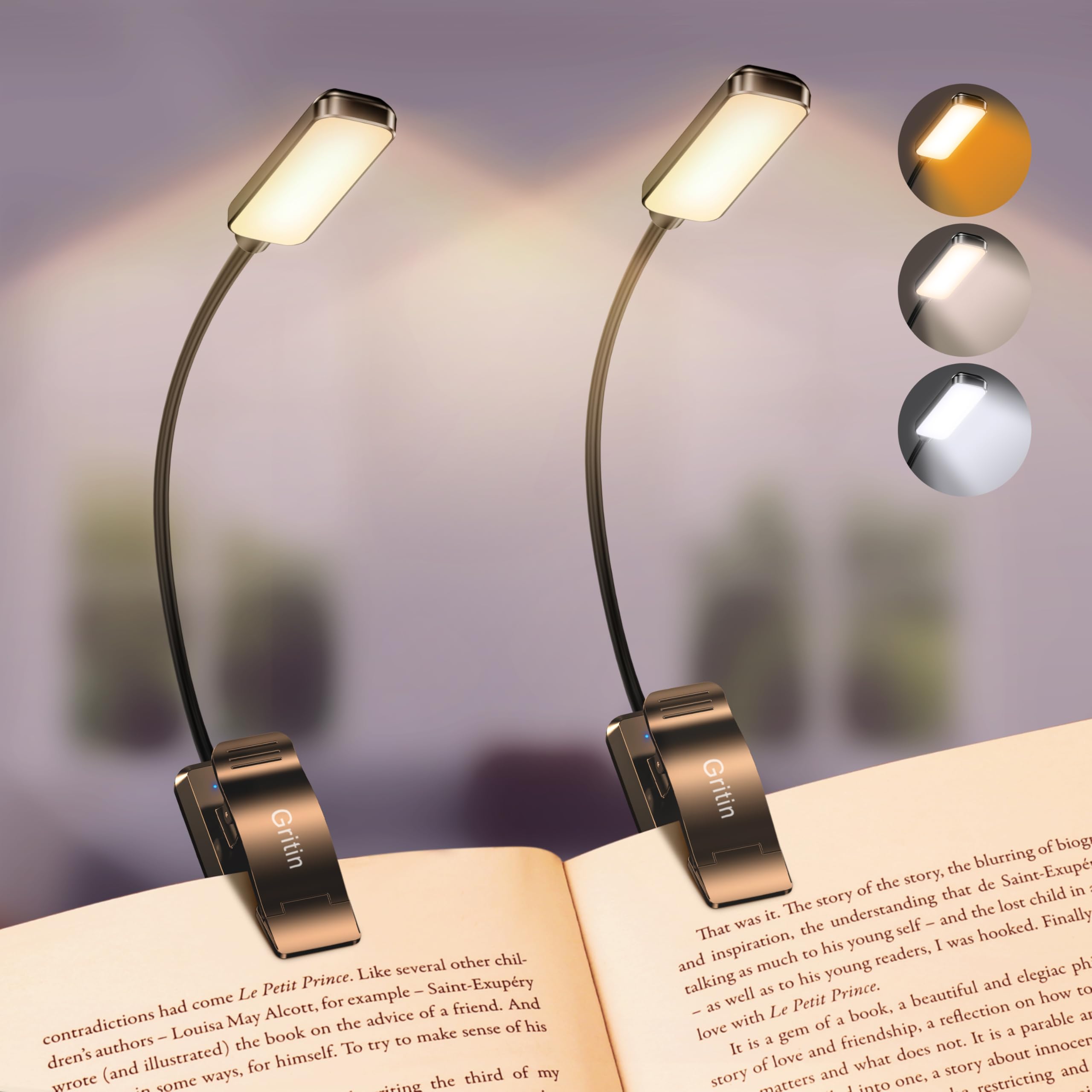 Gritin 2 Pack 9 LED Rechargeable Book Light for Reading in Bed -Eye Caring 3 Color Temperatures, Stepless Dimming Brightness, Small Lightweight Clip On Book Reading Light for Studying Image