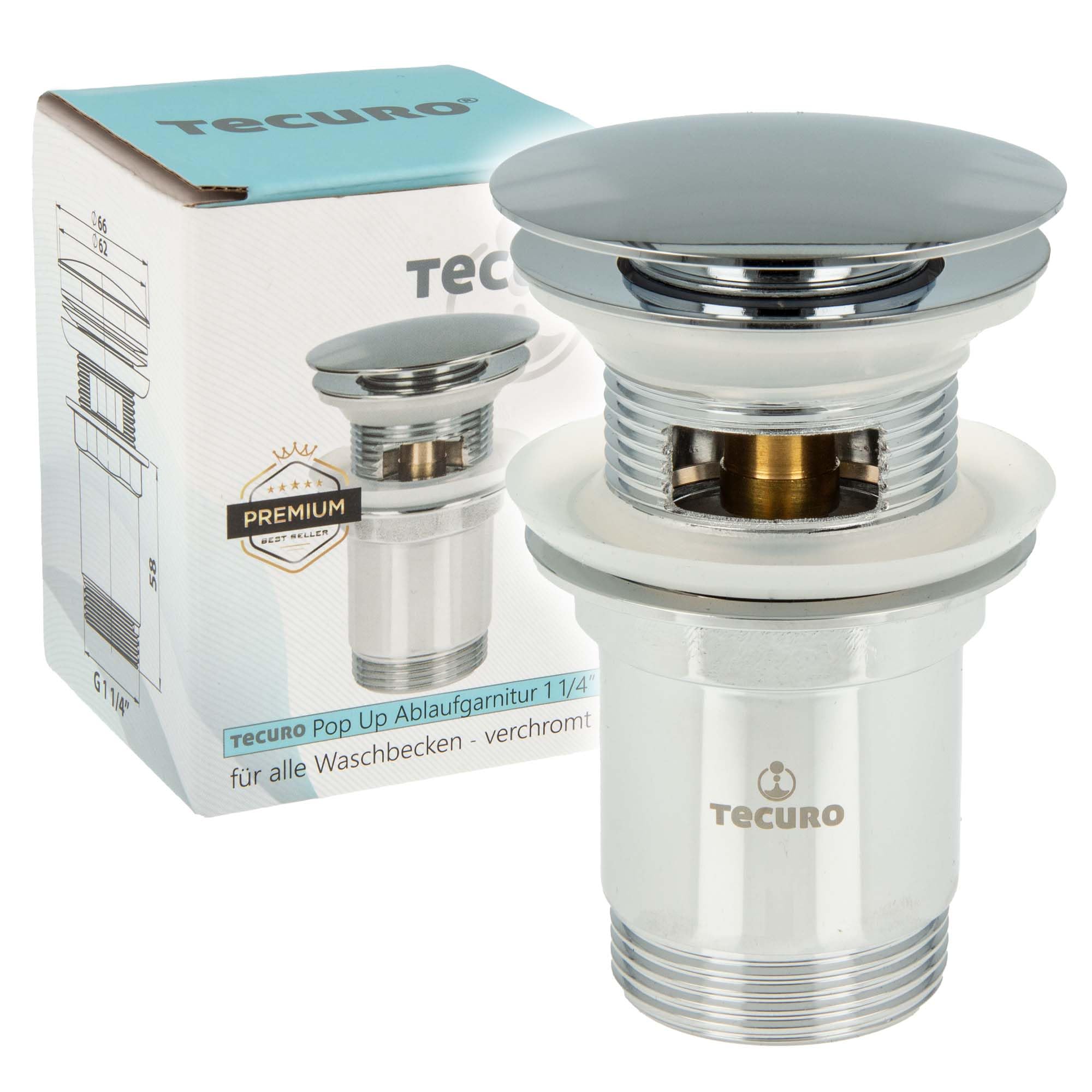 Tecuro Pop-Up Valve Drain Set with Push Function for Washbasin with Overflow Chrome-Plated Brass