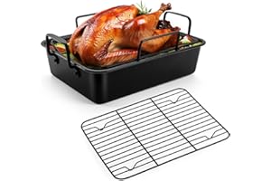 Nonstick Roasting Pan with Rack Set for Turkey Chicken, Joyfair Deep Rectangular Roaster Pan with Flat Rack & Removable V-rack, Heavy Duty Oven Lasagna Bakeware with Non-toxic Coating (Small)